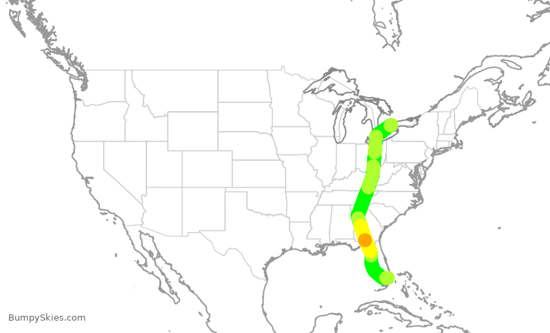 Turbulence forecast map for ROU1624, YYZ to FLL