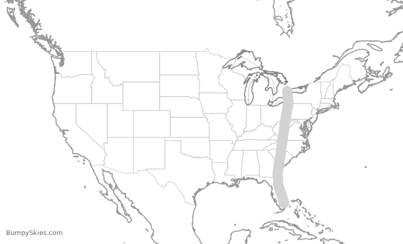 Map of continental US with illustrated flight path and turbulence forecast (described in text below)