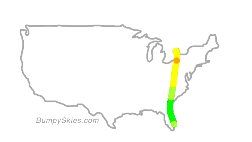 Map of continental US with illustrated flight path and turbulence forecast (described in text below)