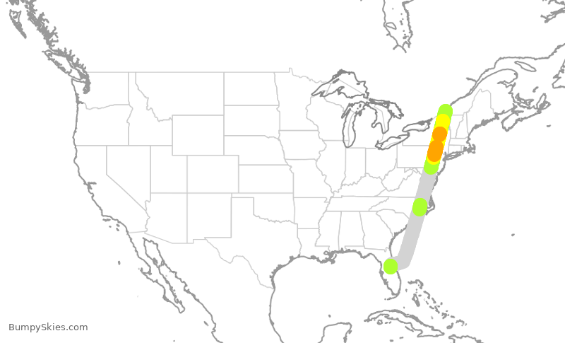 Turbulence forecast map for ROU1638, YUL to MCO