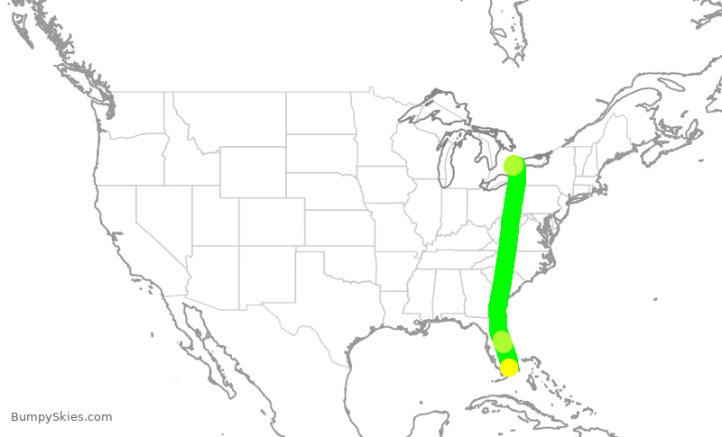 Turbulence forecast map for ROU1643, MIA to YYZ