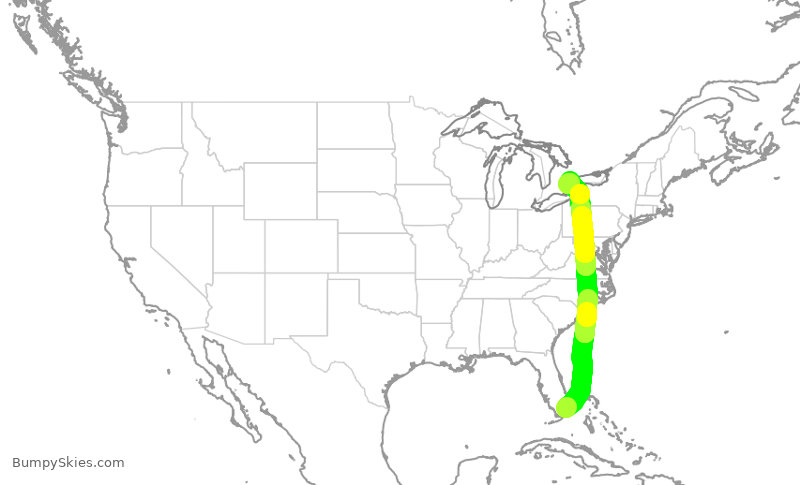 Turbulence forecast map for ROU1645, MIA to YYZ