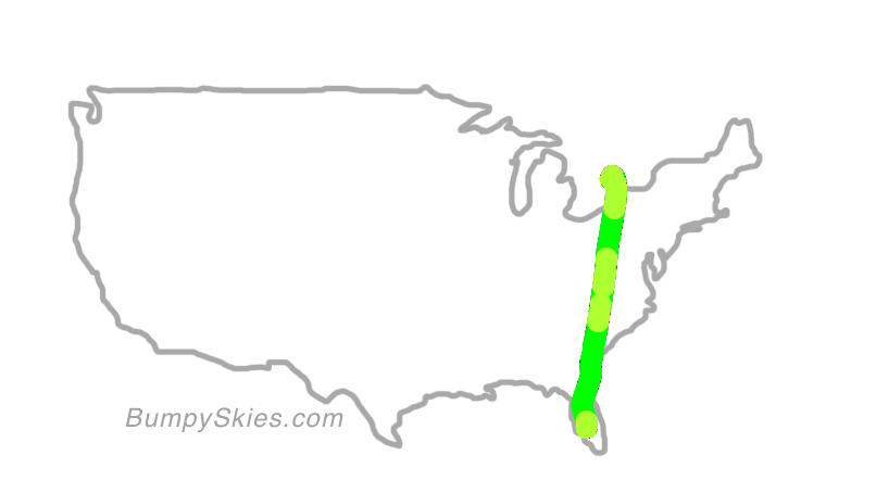Map of continental US with illustrated flight path and turbulence forecast (described in text below)