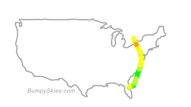 Map of continental US with illustrated flight path and turbulence forecast (described in text below)