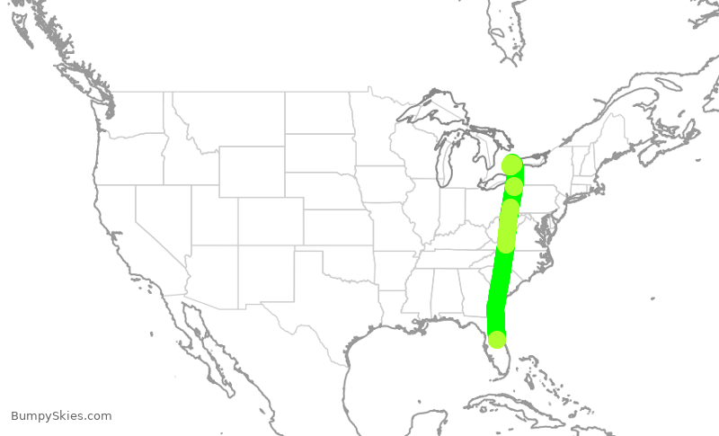 Turbulence forecast map for ROU1675, MCO to YYZ