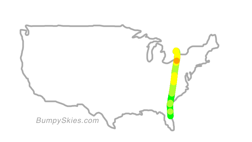 Map of continental US with illustrated flight path and turbulence forecast (described in text below)