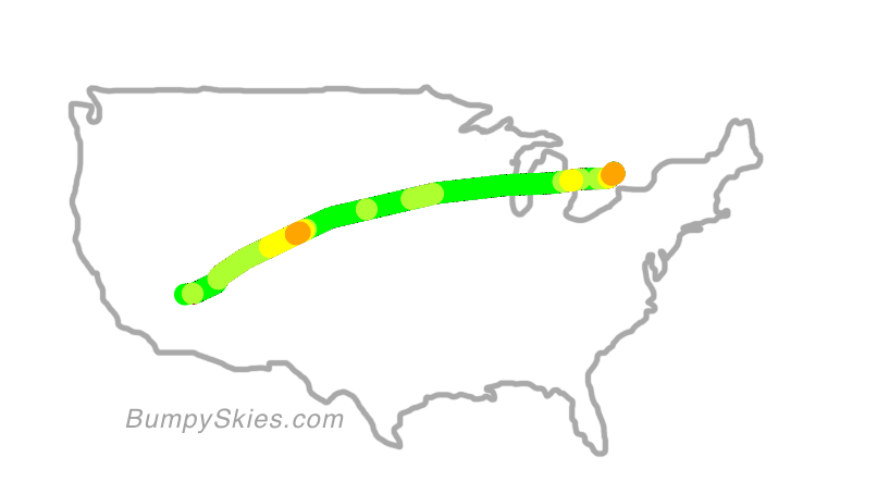 Map of continental US with illustrated flight path and turbulence forecast (described in text below)