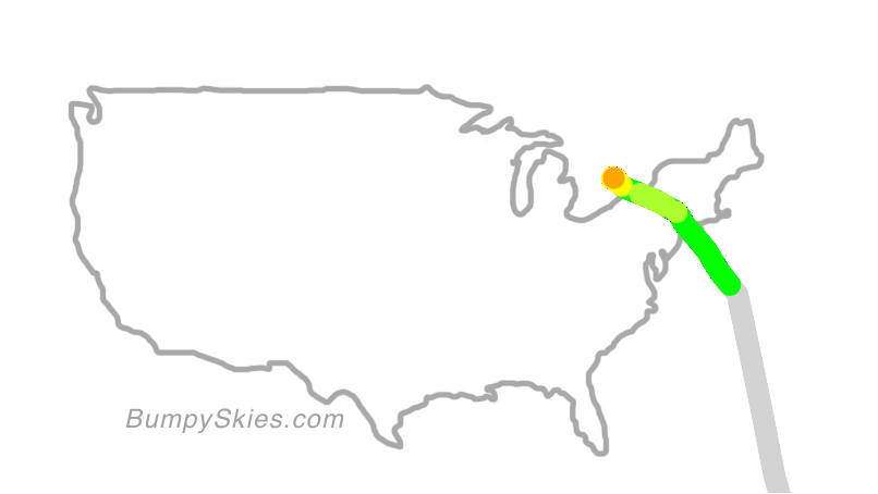 Map of continental US with illustrated flight path and turbulence forecast (described in text below)