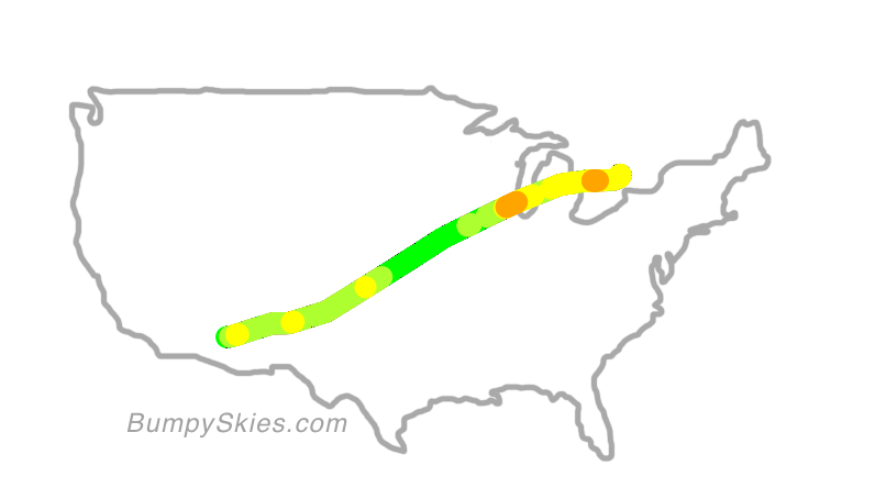 Map of continental US with illustrated flight path and turbulence forecast (described in text below)