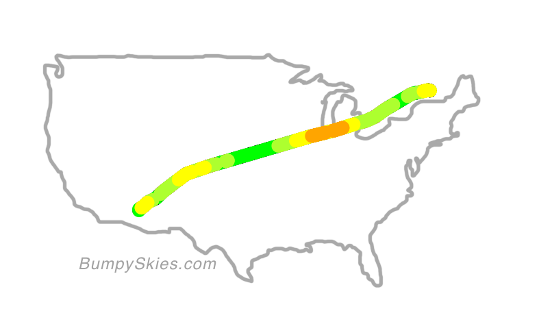 Map of continental US with illustrated flight path and turbulence forecast (described in text below)