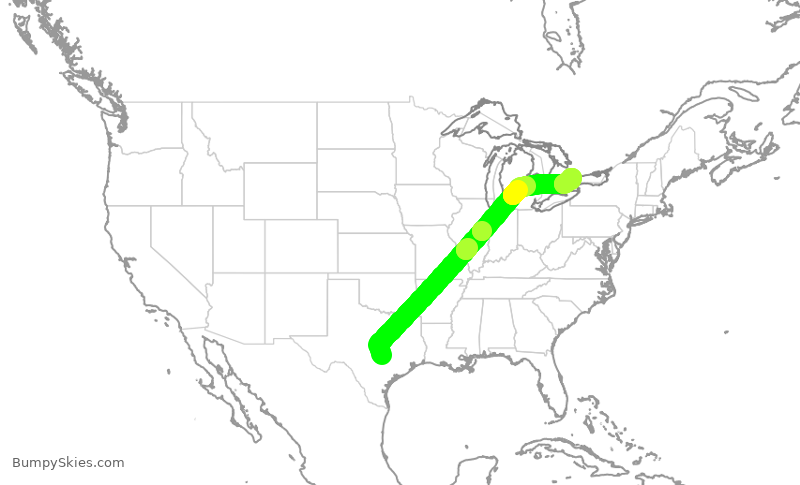 Turbulence forecast map for ROU1738, AUS to YYZ