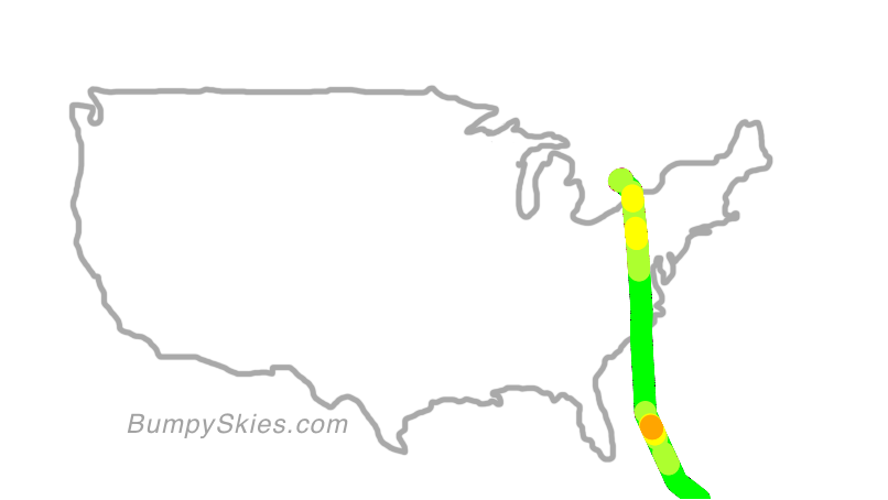 Map of continental US with illustrated flight path and turbulence forecast (described in text below)