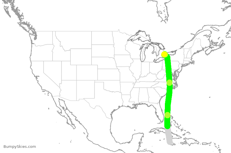 Turbulence forecast map for ROU1805, MBJ to YYZ