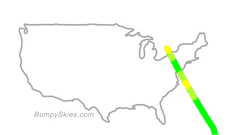 Map of continental US with illustrated flight path and turbulence forecast (described in text below)