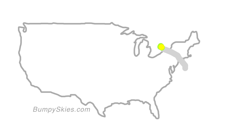 Map of continental US with illustrated flight path and turbulence forecast (described in text below)