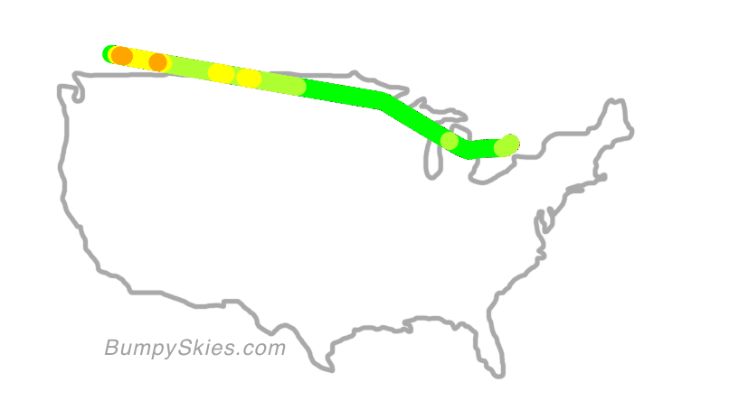 Map of continental US with illustrated flight path and turbulence forecast (described in text below)