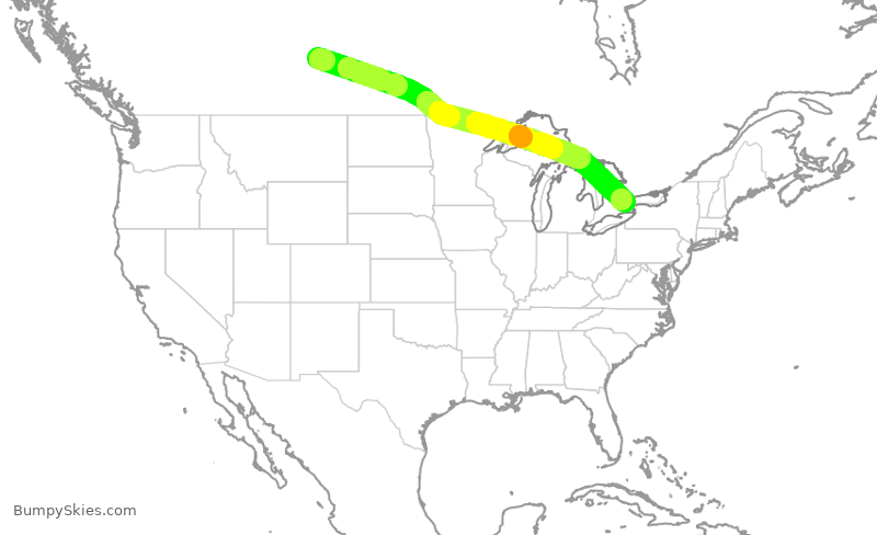 Turbulence forecast map for ROU1930, YXE to YYZ