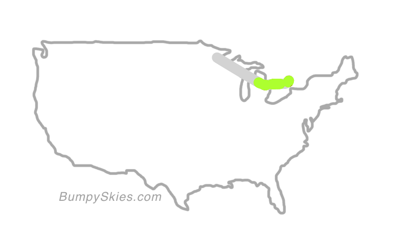 Map of continental US with illustrated flight path and turbulence forecast (described in text below)