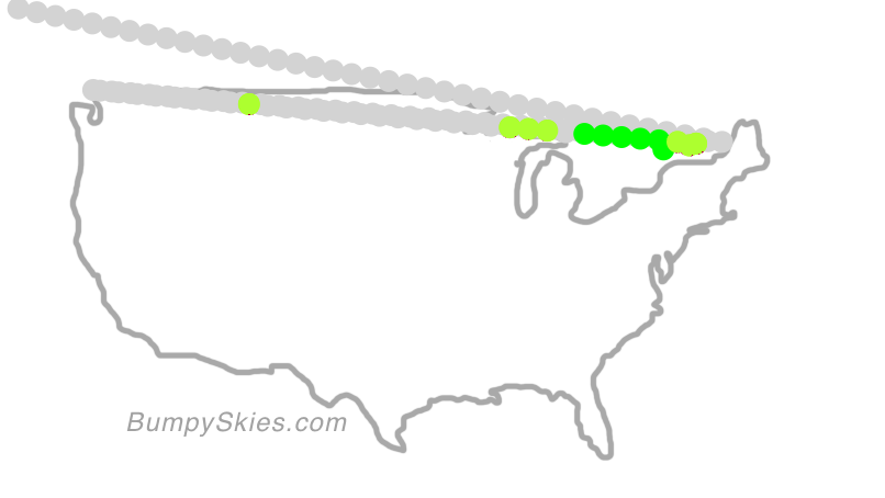 Map of continental US with illustrated flight path and turbulence forecast (described in text below)