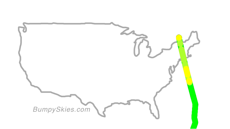 Map of continental US with illustrated flight path and turbulence forecast (described in text below)