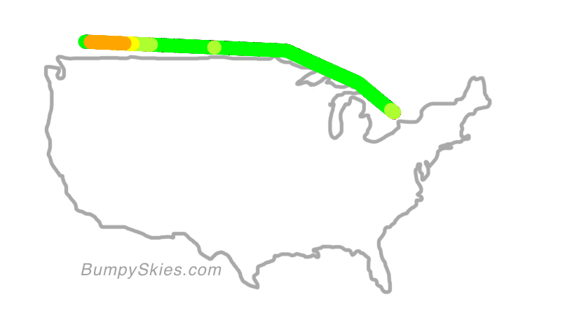 Map of continental US with illustrated flight path and turbulence forecast (described in text below)