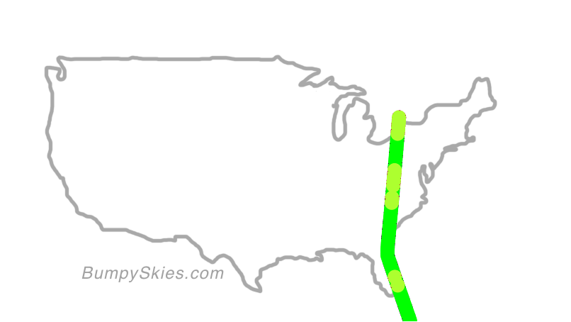 Map of continental US with illustrated flight path and turbulence forecast (described in text below)