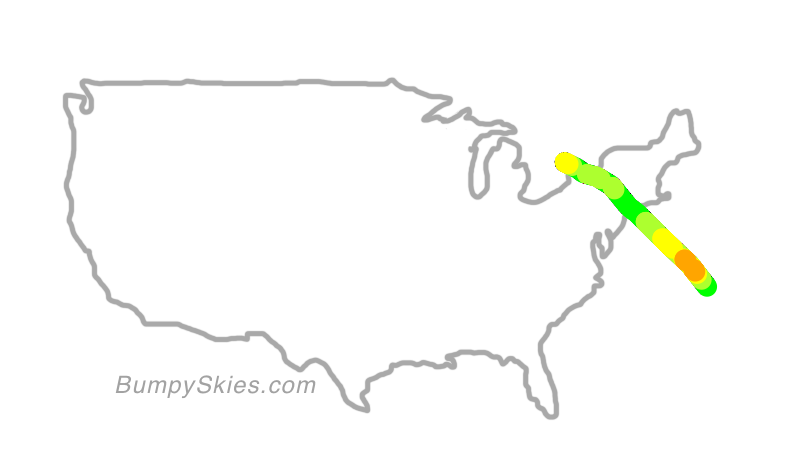 Map of continental US with illustrated flight path and turbulence forecast (described in text below)