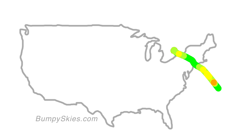 Map of continental US with illustrated flight path and turbulence forecast (described in text below)