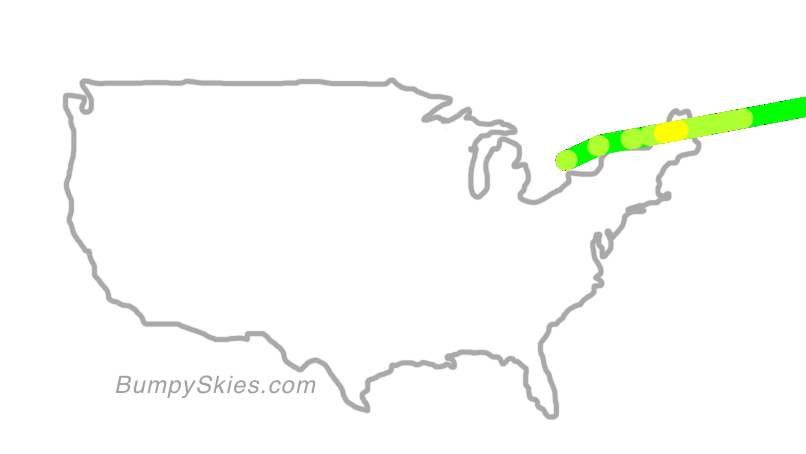 Map of continental US with illustrated flight path and turbulence forecast (described in text below)