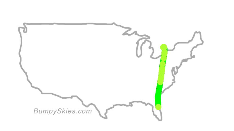 Map of continental US with illustrated flight path and turbulence forecast (described in text below)