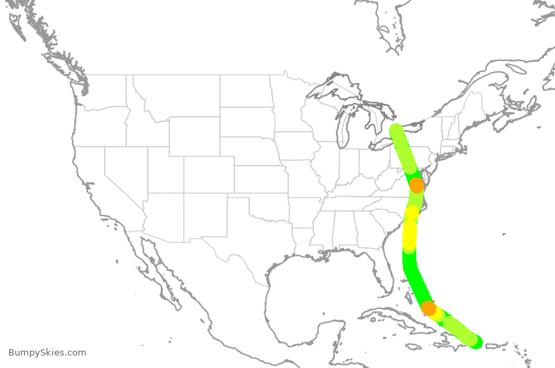 Turbulence forecast map for ROU2438, YYZ to PUJ