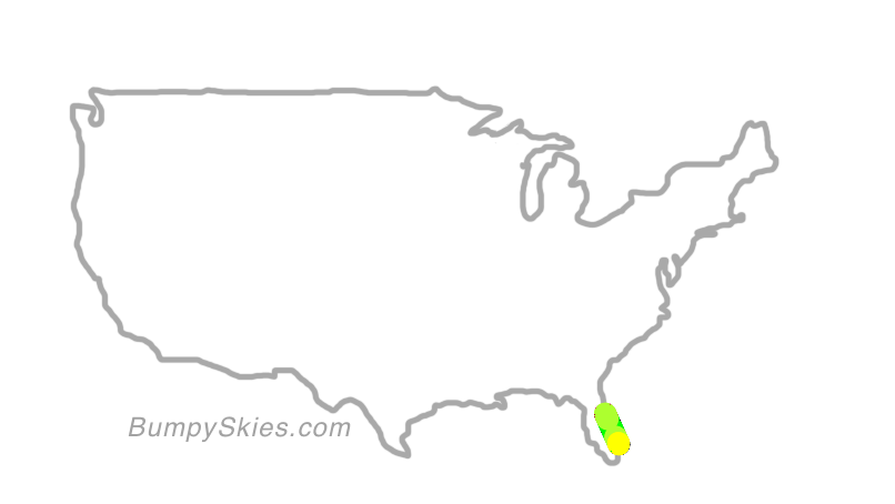 Map of continental US with illustrated flight path and turbulence forecast (described in text below)