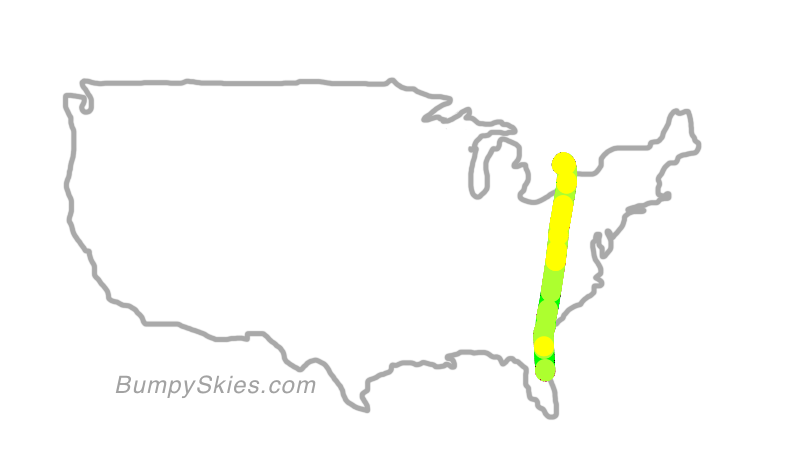 Map of continental US with illustrated flight path and turbulence forecast (described in text below)