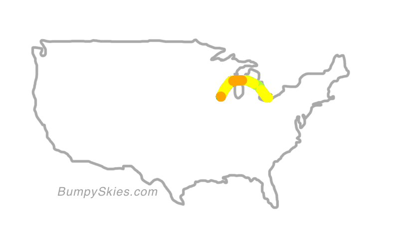 Map of continental US with illustrated flight path and turbulence forecast (described in text below)