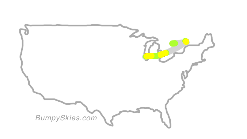 Map of continental US with illustrated flight path and turbulence forecast (described in text below)