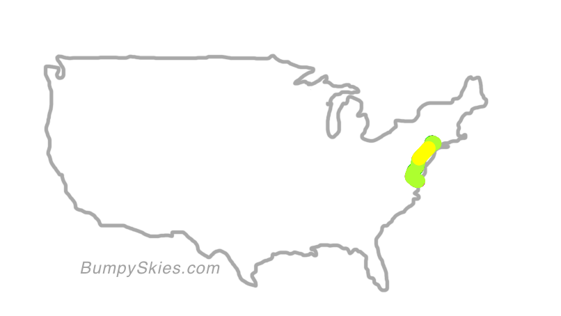 Map of continental US with illustrated flight path and turbulence forecast (described in text below)