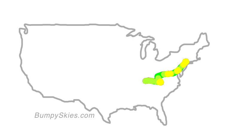 Map of continental US with illustrated flight path and turbulence forecast (described in text below)