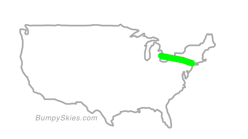 Map of continental US with illustrated flight path and turbulence forecast (described in text below)
