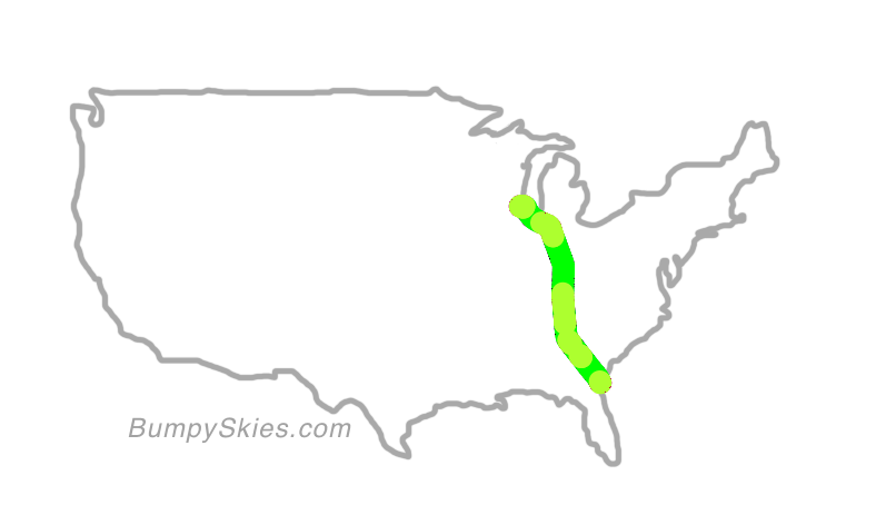 Map of continental US with illustrated flight path and turbulence forecast (described in text below)