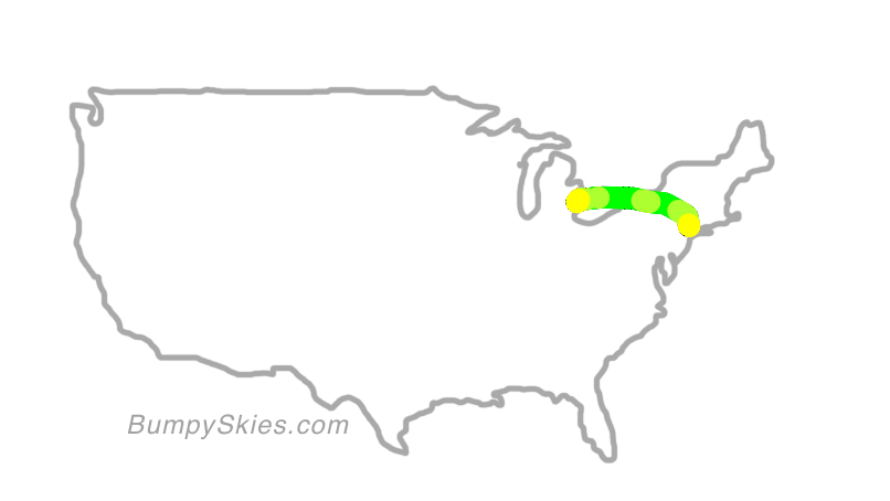 Map of continental US with illustrated flight path and turbulence forecast (described in text below)