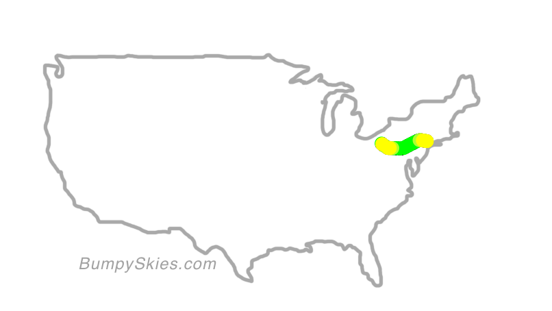 Map of continental US with illustrated flight path and turbulence forecast (described in text below)