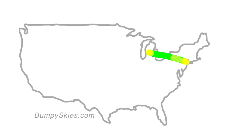 Map of continental US with illustrated flight path and turbulence forecast (described in text below)