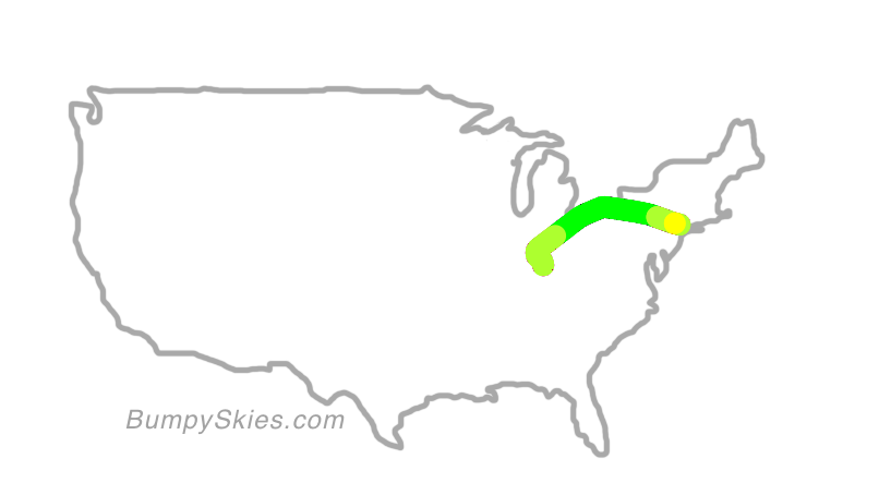 Map of continental US with illustrated flight path and turbulence forecast (described in text below)