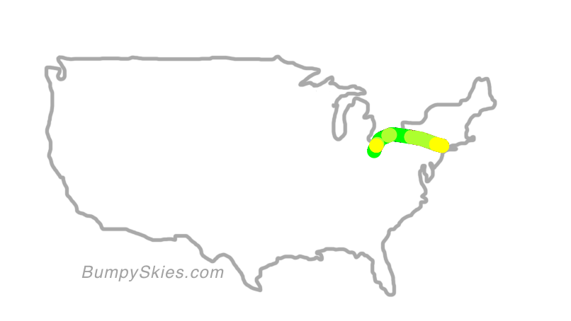 Map of continental US with illustrated flight path and turbulence forecast (described in text below)