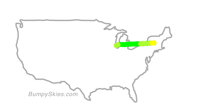 Map of continental US with illustrated flight path and turbulence forecast (described in text below)