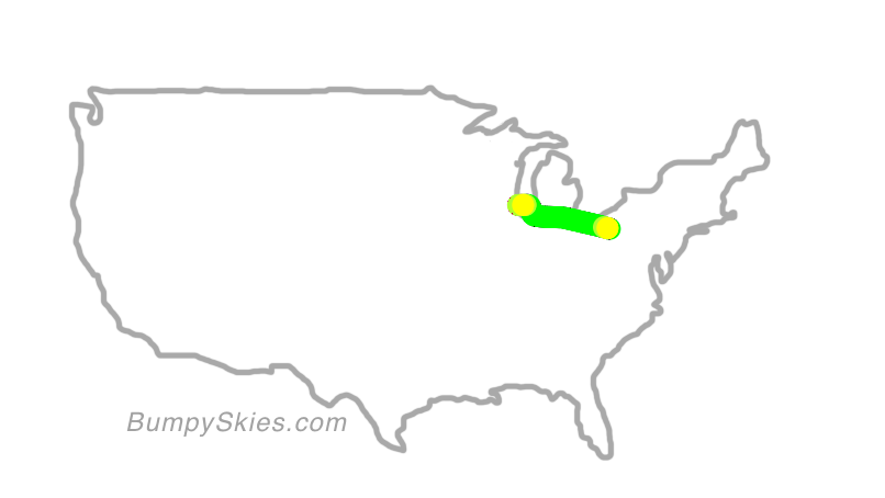 Map of continental US with illustrated flight path and turbulence forecast (described in text below)