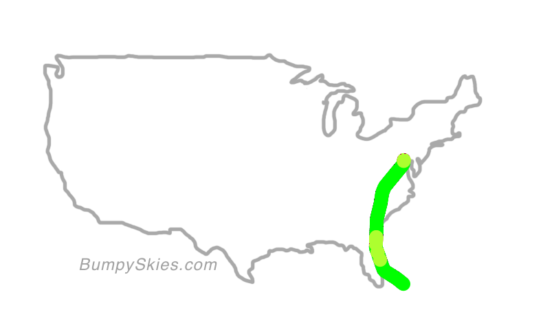 Map of continental US with illustrated flight path and turbulence forecast (described in text below)