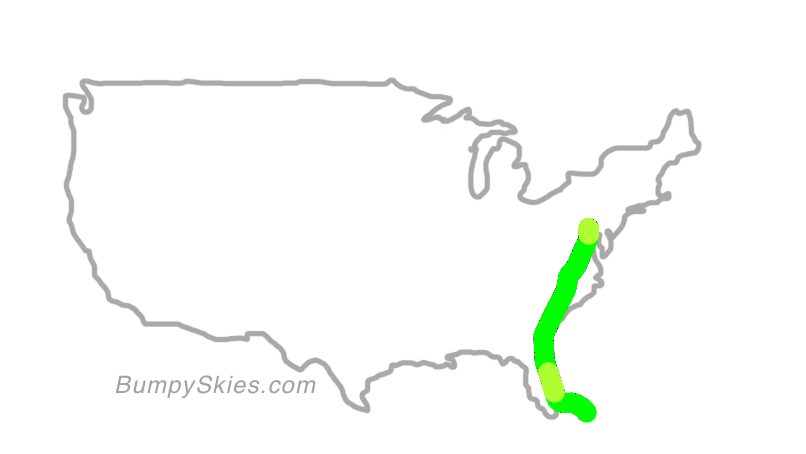 Map of continental US with illustrated flight path and turbulence forecast (described in text below)