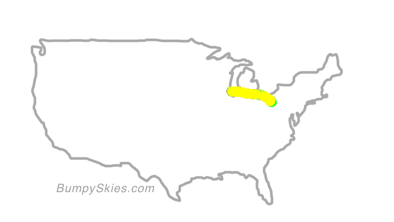 Map of continental US with illustrated flight path and turbulence forecast (described in text below)