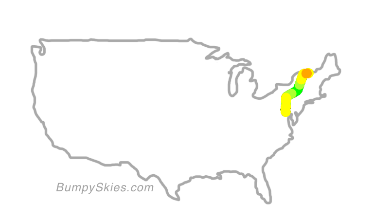 Map of continental US with illustrated flight path and turbulence forecast (described in text below)